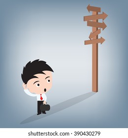business man confusing and looking at wood sign, illustration vector in flat design