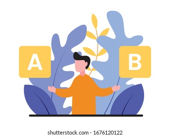 business man consider between two plans, vector illustration, confused man concept, flat style.