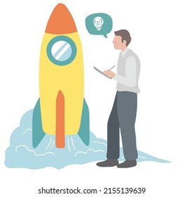 Business man construct big rocket vector illustration, Business concept