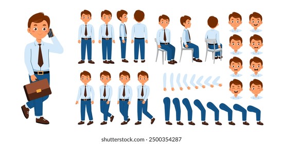 Business man constructor. Businessman in suit with briefcase and smartphone. Pack of heads, legs and hands for creating animations. Flat vector collection isolated on white background