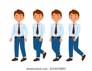 Business man constructor. Businessman in suit walk. Kit for creating animations. Pack of character in various angles. Entrepreneurship and business occupation. Flat vector collection