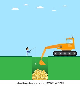 business man and crawler loader with golden coins