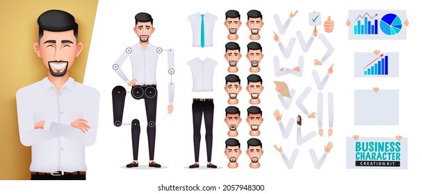 Juego de vectores de kit de creación de hombres de negocios. Personajes de hombres de negocios en partes del cuerpo editables como brazos, piernas y cabeza con expresiones faciales para pose de negocio y gestos diseño creador. Ilustración vectorial.