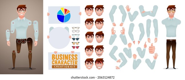 Business man creation kit vector set. Businessman characters creator with arm hand gestures, head and body parts editable for business employee pose and expression design. Vector illustration.
