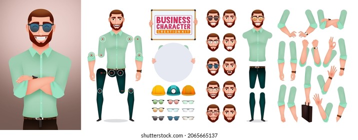 Business Man Creation Kit Vector Set. Businessman Character Creator With Editable Arm Hand Gestures, Head And Body Parts Collection For Editable Business Characters Design. Vector Illustration.
