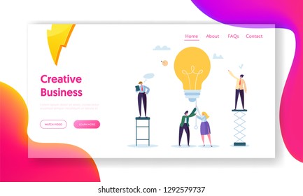 Business Man Creative Idea Landing Page. Teamwork Solution for Growth Success. Woman Character Power up Lightbulb. Innovation Company Concept for Website or Web Page. Flat Cartoon Vector Illustration