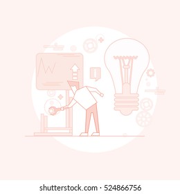 Business Man Creative Process Brainstorm Finance Chart Graph Thin Line Vector Illustration