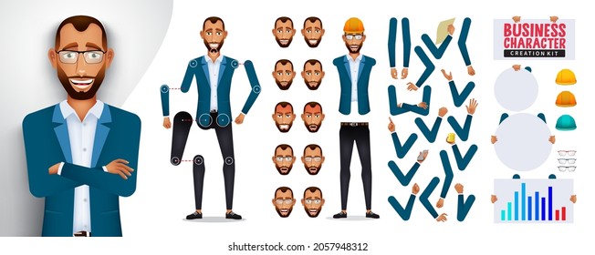 Juego de vectores de kit de creador de hombre de negocios. Personajes de negocios crean partes de cuerpo con cabeza, brazos y piernas para pose comercial y gestos diseño de elementos creadores. Ilustración vectorial.
