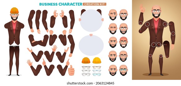 Business man creator kit vector set. Businessman characters creation with editable hand gestures, head and elements like white board for business body parts pose design. Vector illustration.
