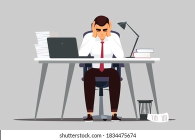 Business man in crisis at office. Businessman in fear reacts to failure or news at work. Finance disaster in business, employee scared of bankruptcy and losing money vector illustration.