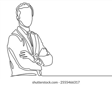 business man in a crossed his arms thinking - continuous line drawing