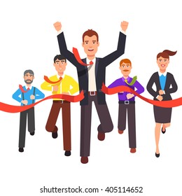 Business Man Crossing Finish Line And Tearing Red Ribbon Finishing First In A Market Race. Entrepreneur Businessman Leader. Flat Style Vector Illustration.