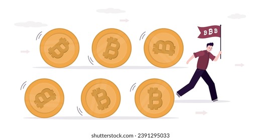 Business man or crypto investor holding flag control flow of cryptocurrency. Rolling bitcoins, financial activity to making money. Profit from cryptocurrency trading, blockchain technology. vector