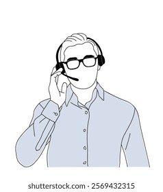 Business man Customer service, call center agent. Online technical support, Hotline operator, virtual assistant, office worker with headset. Modern vector outline illustration isolated