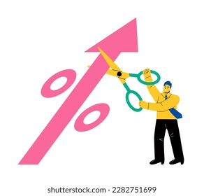 El hombre de negocios recortó una marca porcentual con tijeras, la crisis económica global. Ilustración vectorial plana aislada en fondo blanco
