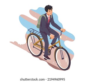 Business man cyclist enjoying riding bicycle. Bicyclist worker guy person character cycling bike outdoors. Healthy transportation, city transport, urban fitness, summer sport flat vector illustration