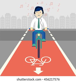 Business man cyclists in city. Cycling on bike path. Bicycle road sign and bike rider. Flat illustration. Men riding bike end listening music. Fitness, sport, and healthy lifestyle concept.