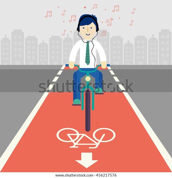 Business\
man cyclists in city. Cycling on bike path. Bicycle road sign and\
bike rider. Flat illustration. Men riding bike end listening music.\
Fitness, sport, and healthy lifestyle\
concept.