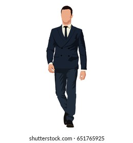 Business man in dark blue suit goes forward, isolated vector illustration