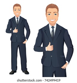 Business man in dark blue suit smiles and shows thumbs up. Full length portraits of elegant, handsome man in suit isolated on white background. Flat design. Vector cartoon illustration