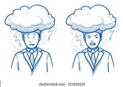 Business Man With Dark Cloud Oder His Head In Two Emotions, Symbolizing Stress, Failure, Headache, Depression, Hard Work, Hand Drawn Doodle Vector Illustration