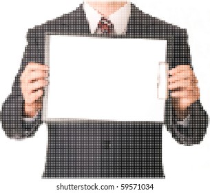 Business man in dark suit holding clipboard