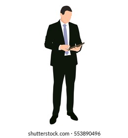 Business man in dark suit standing and looking something on tablet, flat vector illustration