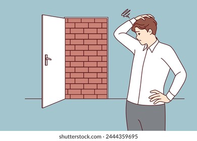Business man is at dead end, looking for way to solve situation, standing near door blocked with bricks. Dead end as metaphor for obstacle on path to success, and problem of overcoming obstacles svg