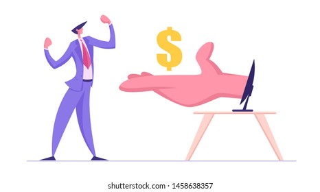 Business Man Demonstrate Muscles Receive Dollars from Huge Hand from Computer Monitor. Internet Earning Concept, Online Income, Gambling, Businessman Make Money Online Cartoon Flat Vector Illustration