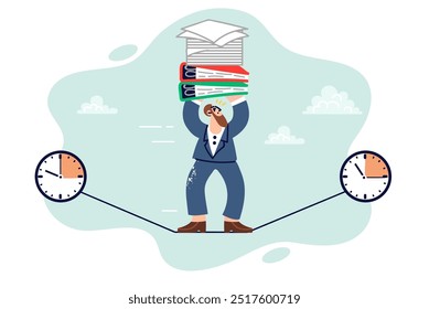 Business man demonstrates time management skills and ability to meet deadlines, standing on rope between clocks. Lawyer guy is doing time management to increase productivity of paperwork.