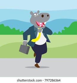 business man is depicted with the character of a hippopot is running for success vector illustration