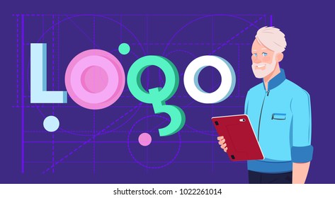 Business Man Designer With Digital Tablet Over Logo Word Creative Design On Abstract Geometric Shapes Background Vector Illustration