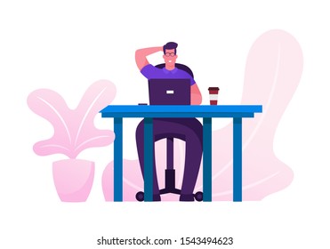 Business Man at Desk Work Hard Analysing Project Statistics on Laptop. Businessman Data Analysis Working Process, Brainstorm and Searching Solution. Cartoon Flat Vector Illustration