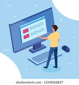business man with desktop computer vector illustration design