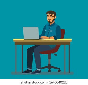 Business man at the desktop with a laptop. Freelancer or office worker. Vector illustration in cartoon style