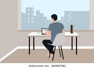 Business man at the desktop with a laptop. Freelancer or office worker. Vector illustration in flat design style
