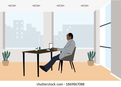 Business man at the desktop with a laptop. Freelancer or office worker. Vector illustration in flat design style