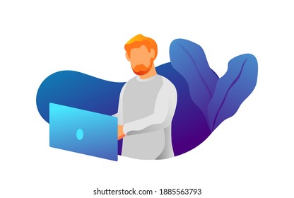 Business man at the desktop with a laptop. Freelancer or office worker. Vector illustration in 3d style. People create startup illustration. Data analysis and office illustration. 