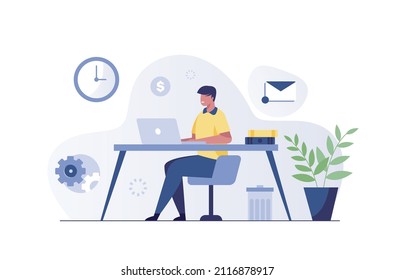 Business man at the desktop with a laptop. Freelancer or office worker. illustration