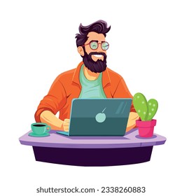 Business man at the desktop with a laptop. Freelancer or office worker. Vector illustration in cartoon style