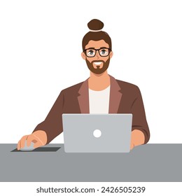 Business man at the desktop with a laptop. Freelancer or office worker. Flat vector illustration isolated on white background