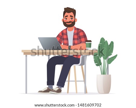 Business man at the desktop with a laptop. Freelancer or office worker. Vector illustration in cartoon style