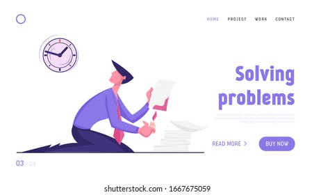 Business Man Destroy Secret Documents Landing Page Template. Scared Businessman Put Burning Lighter to Paper Sheet Hide Evidence or Criminal Activity. Cartoon Flat Vector Illustration