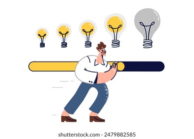 Business man develops idea by pushing slider to get better result and increase potential of innovative project. Brainstorming from entrepreneur making effort to develop startup idea