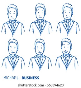 Business man in different emotional head shots, symbolizing happy, sad, angry, depressed. Hand drawn line art cartoon vector illustration.