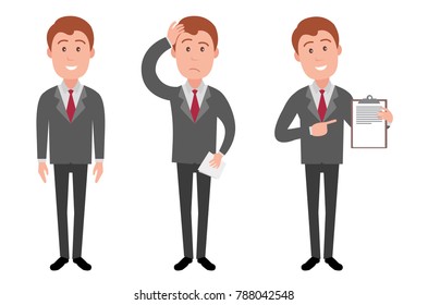 Business Man in different poses. Vector character of a manager in a flat style.