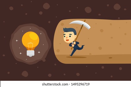 a business man is digging a cave for idea treasure. vector illustration