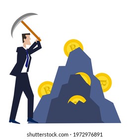 A business man digging gold coins. The concept of mining money, collect money, illustration of a man holding package to get coin in stone. Digging crypto currency’s coin in stone
