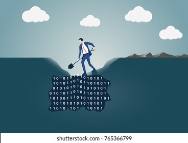 Business man digging a hole in the ground to search for useful information. Concept for data mining and business intelligence