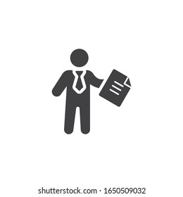 Business man with document file vector icon. filled flat sign for mobile concept and web design. Businessman with contract document glyph icon. Symbol, logo illustration. Vector graphics